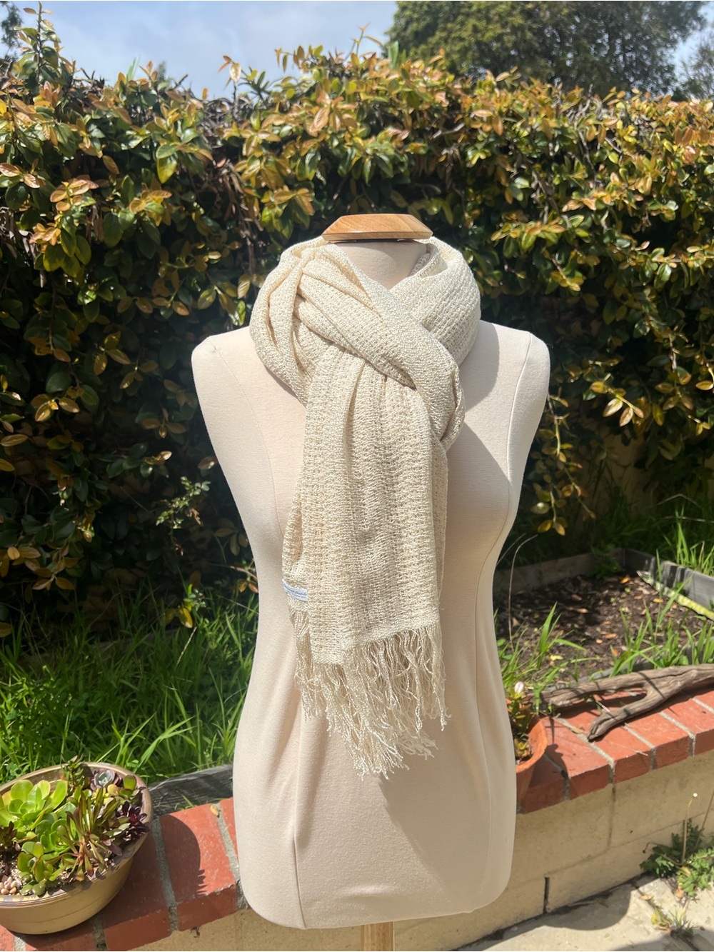 Eileen Fisher Cream Woven Fringe Scarf